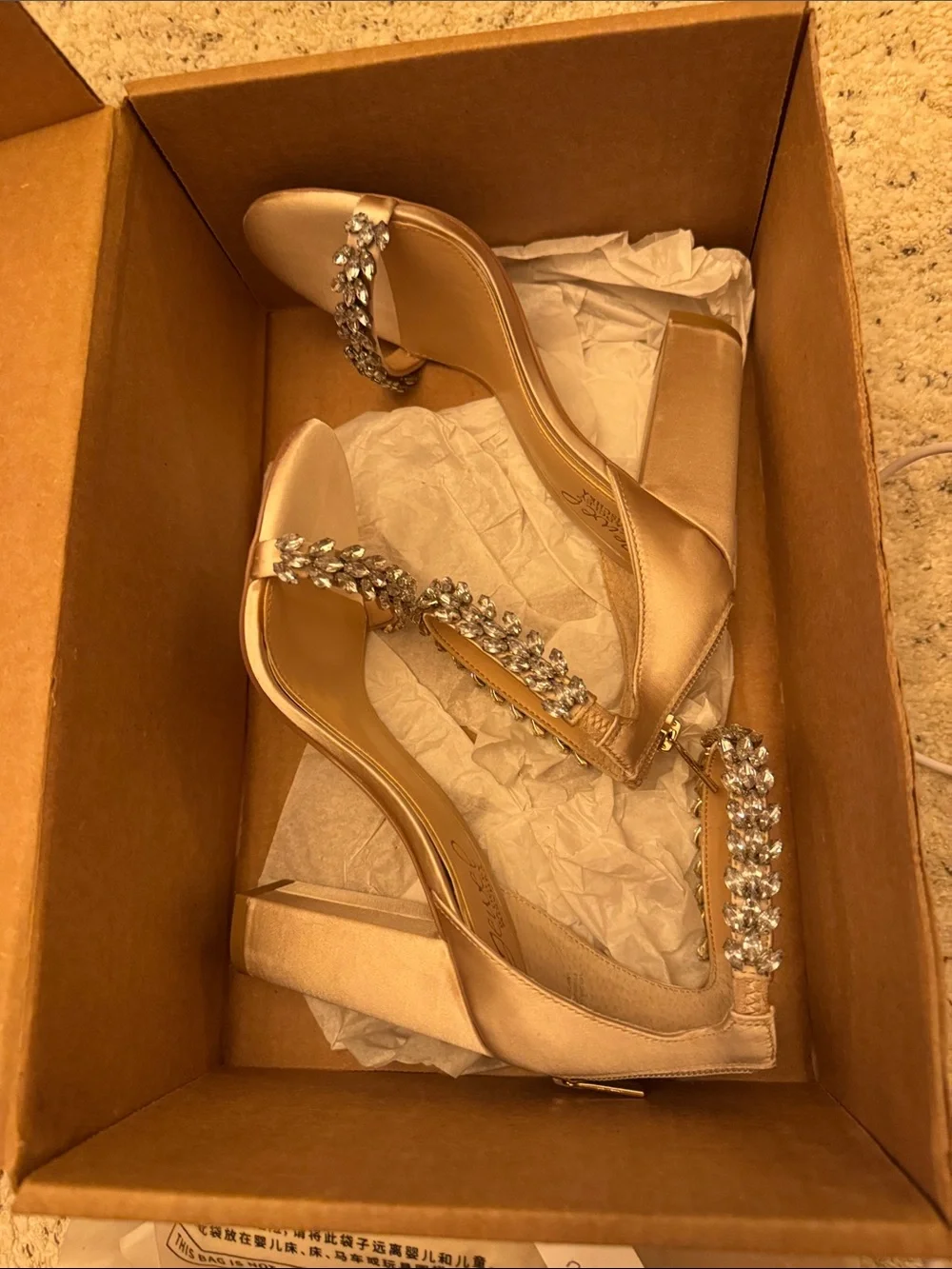 Jewel Badgley Mischka Champagne Satin Jeweled Ankle-Strap Sandals